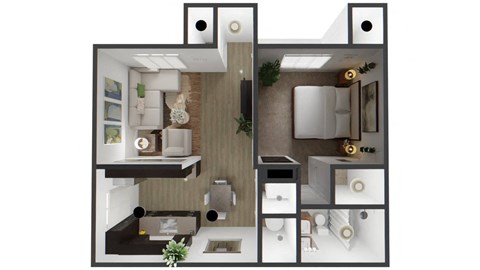 Floor plan for 1 bed, 1 bath, 607 sqft